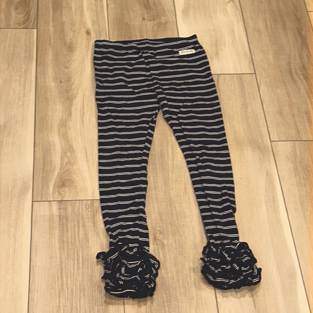 EUC Sew Sassy Boutique Girls Size 8 Stretch Ruffle Leggings Blue & White Stripe